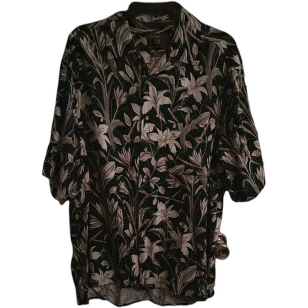 Byron Nelson Eleven Straight Mens Large Black Silk Tropical‎ Floral Camp Shirt